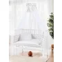 Patut pentru copii, Waldin, 2in1, 90 cm x 55 cm, lemn de fag, vopsea certificata, roti blocabile, laterala detasabila, co-sleeping, Saltea inclusa, Aparatoare laterala din bumbac, Baldachin cu Suport Metalic, Equipment, Alb, - 12
