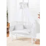 Patut pentru copii, Waldin, 2in1, 90 cm x 55 cm, lemn de fag, vopsea certificata, roti blocabile, laterala detasabila, co-sleeping, Saltea inclusa, Aparatoare laterala din bumbac, Baldachin cu Suport Metalic, Equipment, Alb, - 14