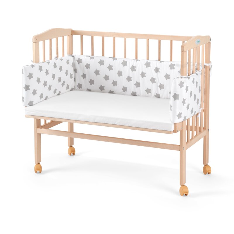 Patut pentru copii 2in1, 90 cm x 55 cm, lemn de fag, vopsea certificata, roti blocabile, laterala detasabila, co-sleeping, Saltea inclusa, Aparatoare laterala din bumbac, Waldin, Natural, Cover, SX18