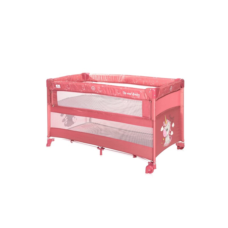 Lorelli - patut pliant cu doua nivele up and down , velvet unicorn, cu laterala culisanta, 120x60 cm, roz
