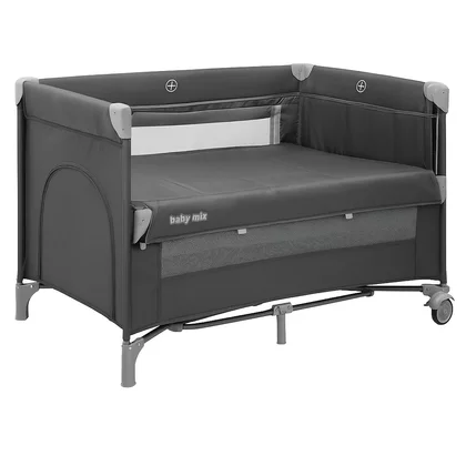 Patut pliant, Baby Mix, Cu doua nivele, Cu laterala culisanta, 120x60 cm, Ideal pt calatorii si uz cotidian, Cu intrare laterala cu fermoar, Roti, Conform cu standardul EN 716: 2017-07, Grey