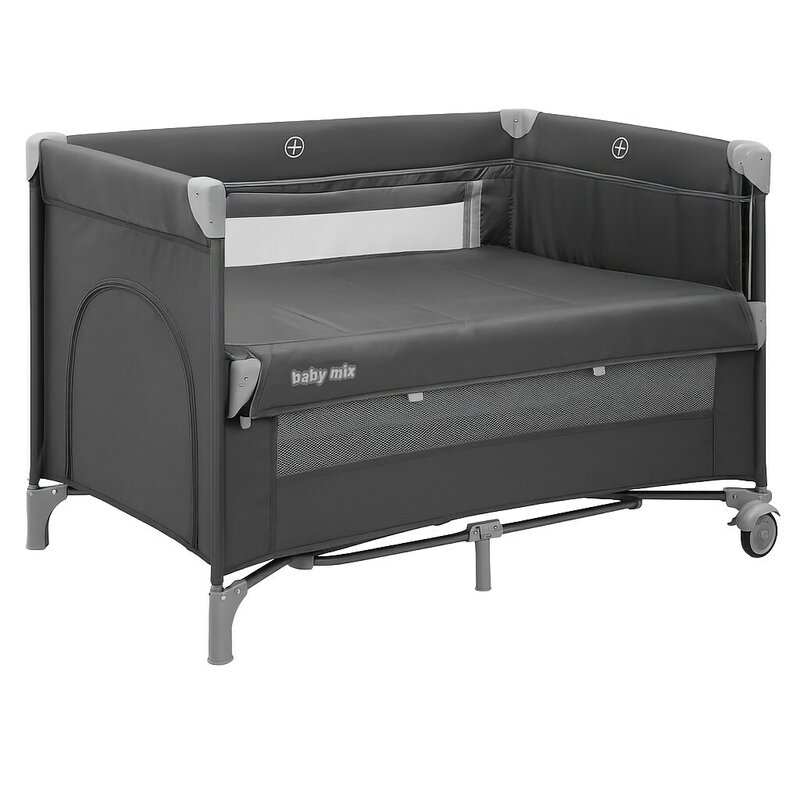 Patut pliant, Baby Mix, Cu doua nivele, Cu laterala culisanta, 120x60 cm, Ideal pt calatorii si uz cotidian, Cu intrare laterala cu fermoar, Roti, Conform cu standardul EN 716: 2017-07, Grey