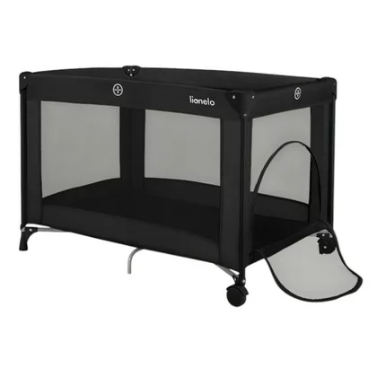 Patut pliant, Lionelo, Amelie, Cu intrare laterala, 100.5×70.5 cm, Include salteluta, roti, geanta pentru transport, Constructie usoara- 7 kg, Cadru stabil din otel, Negru