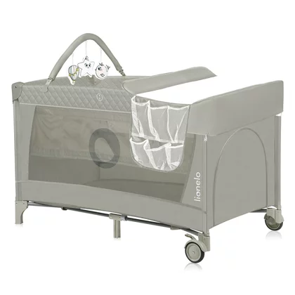 Patut pliant, Lionelo, Flower, Cu doua nivele, Cu arcada, Geanta transport, Masuta de infasat, Bara cu jucarii, Fereastra laterala, 120x60 cm, Conform cu standardele europeane de securitate EN 716 si EN12221, Cappuccino