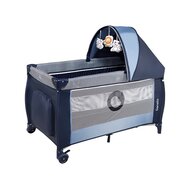 Patut pliant, Lionelo, Sven Plus, 120x60 cm, Cu doua nivele, Cu arcada jucarii, masuta de infasat, vibratii, melodii, conform cu standardele europeane de securitate EN716 si EN12221, Blue Navy, Resigilat