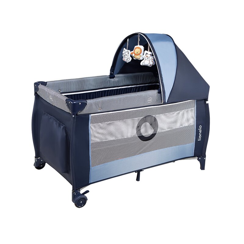 Patut pliant, Lionelo, Sven Plus, 120x60 cm, Cu doua nivele, Cu arcada jucarii, masuta de infasat, vibratii, melodii, conform cu standardele europeane de securitate EN716 si EN12221, Blue Navy, Resigilat