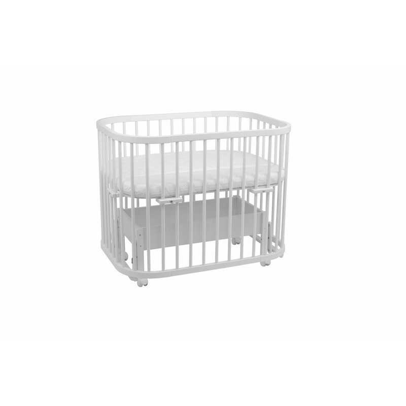 Patut rotund pentru copii, multifunctional, waldin, 5in1, cu sistem de leganare, saltele incluse, co-sleeper, tarc de joaca, masa si scaun pentru activitati, culoare alba