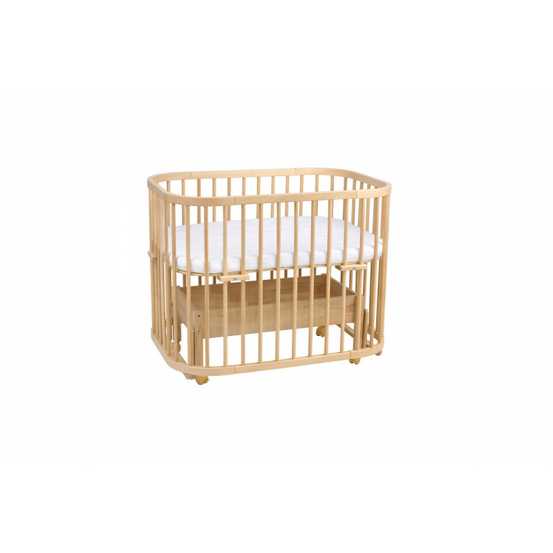 Patut rotund pentru copii, multifunctional, waldin, 5in1, cu sistem de leganare, saltele incluse, co-sleeper, tarc de joaca, masa si scaun pentru activitati, culoare lemn natural