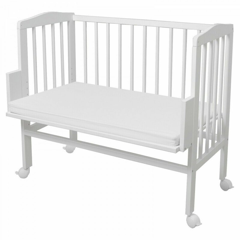 Patut suplimentar, Waldin, 2 in 1 pentru copii, 90 cm x 55 cm, lemn de fag, vopsea certificata, roti blocabile, laterala detasabila, co-sleeping, Saltea inclusa, Alb, Resigilat