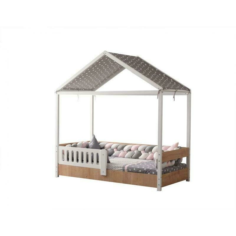 Mykids - patut din lemn tip casuta montessori inoxnatur, din mdf, 190x90 cm, alb/gri
