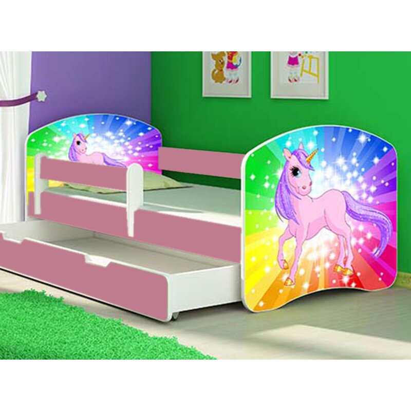 MyKids - Patut tineret Rainbow Unicorn cu sertar si saltea 140x70