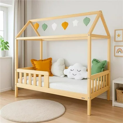 Patut tip casuta din lemn junior, 160x80 cm, Pana la 70 Kg, Cu bariera de protectie, Conform cu EN 716-1:2008, EN 716-2:2008, New Baby, Castello, Natur