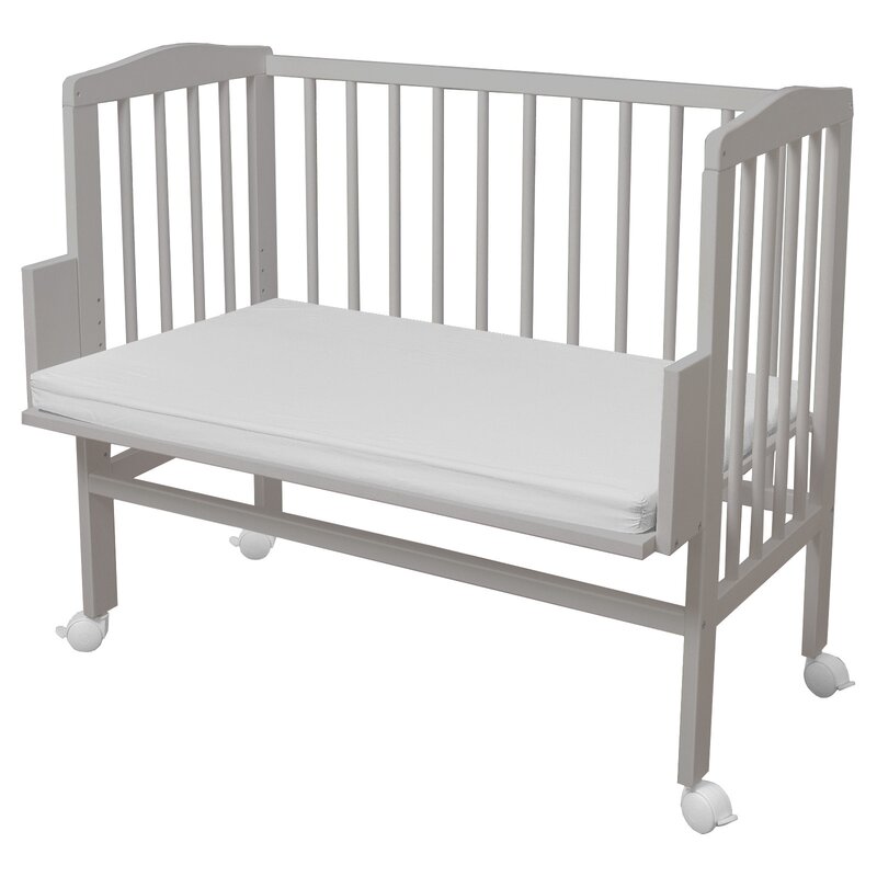 Patut, Waldin, Bedside 2in1 Gri, 90x55 cm, lemn de fag, vopsea certificata, roti blocabile, laterala detasabila, co-sleeping, Saltea inclusa, Resigilat