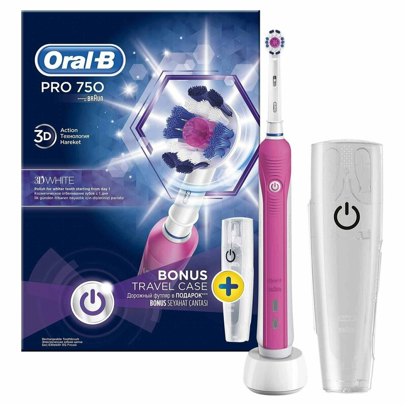 Oral-b - periuta electrica oral b pro 750 3d white pink edition + travel case