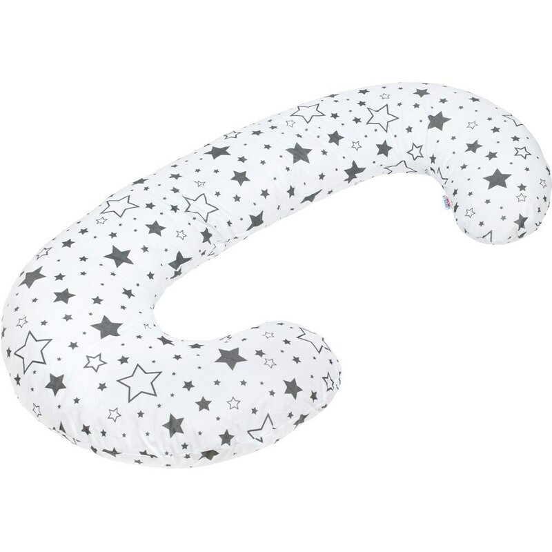 Perna alaptare, New Baby, Cu husa detasabila, In forma de C, Bumbac, Diametru 16 cm, Lungime in jurul circumferintei 285 cm, Stars White/Grey