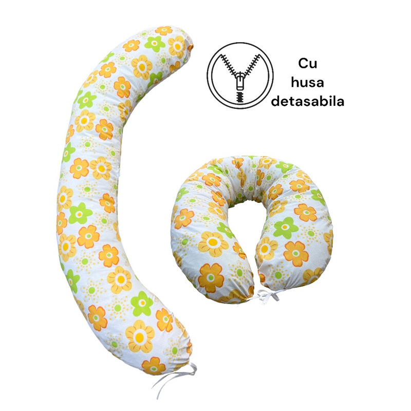 Perna de gravide alăptare și antireflux cu husa detașabilă deseda tip cornulet floricele galbene