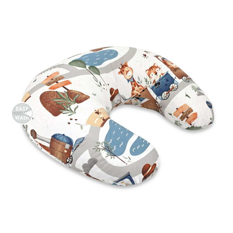 Perna pentru alaptat, MimiNu, Din bumbac certificat Oeko Tex Standard 100, Cu husa detasabila, Cu fermoar securizat, Circumferinta 155 cm, Design, Zoo in train