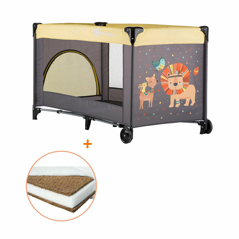 Petite&mars - patut pliant cu un nivel, 120x60 cm, en 716-1:207+ac:2019, en 716-2:2017, en 71-3:2019, leut galben + babyneeds - saltea cocos 120x60x8 cm