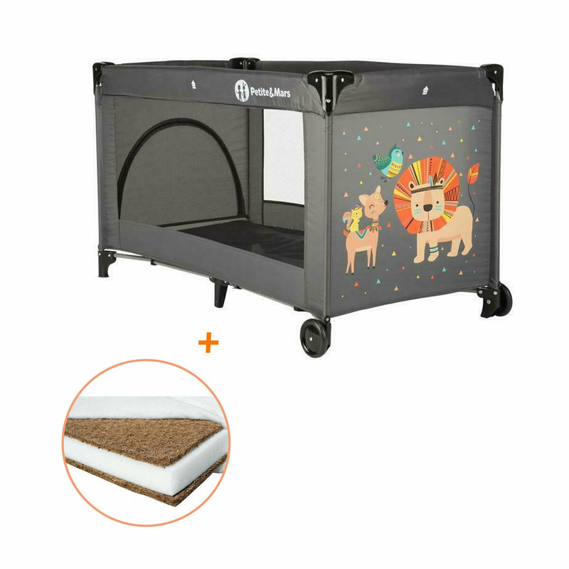 Petite&mars - patut pliant cu un nivel, 120x60 cm, en 716-1:207+ac:2019, en 716-2:2017, en 71-3:2019, leut gri + babyneeds - saltea cocos 120x60x10 cm