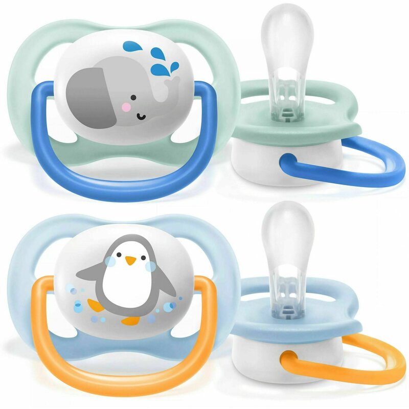 Philips avent - set suzete , ultra air , 0-6 luni, 2 buc din silicon, albastru-portocaliu