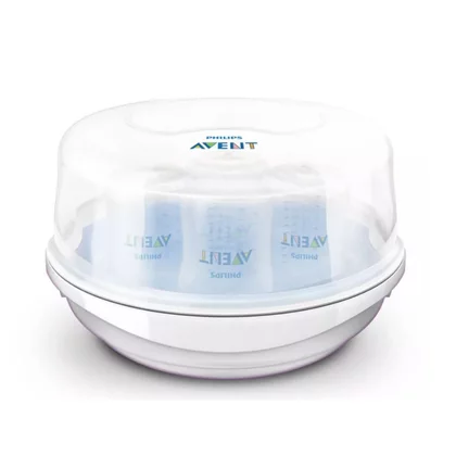 Sterilizator pentru microunde, Philips Avent, Gata in 2 min., Pentru pompe de san, suzete, tacamuri, biberoane, Alb