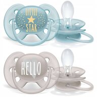 Philips Avent - Set suzete Little Star/Hello , Ultra Soft , 6-18 luni, Ortodontice, Fara BPA din Silicon, Albastru/Gri