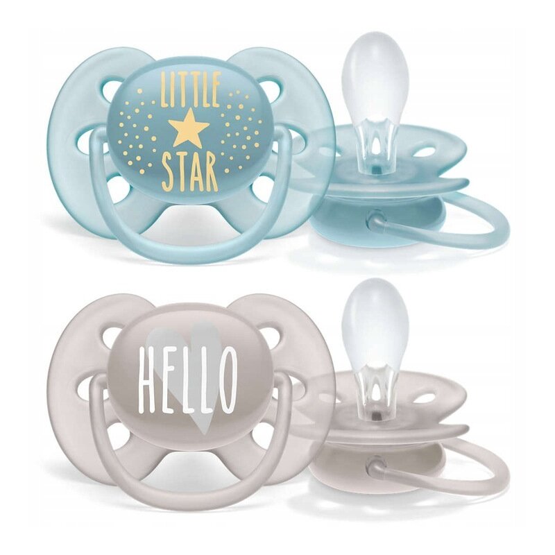 Philips Avent - Set suzete Little Star/Hello , Ultra Soft , 6-18 luni, Ortodontice, Fara BPA din Silicon, Albastru/Gri