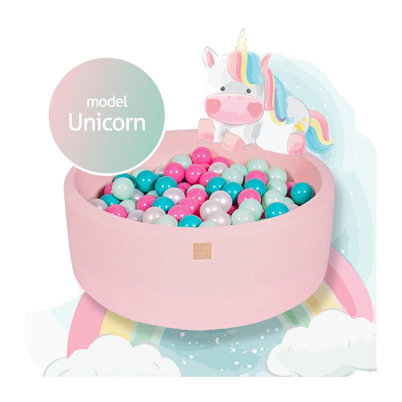 Meowbaby® - piscina cu bile unicorn, cu 250 bile, alb perlat turcoaz roz pastel mint, 90x30 cm, roz