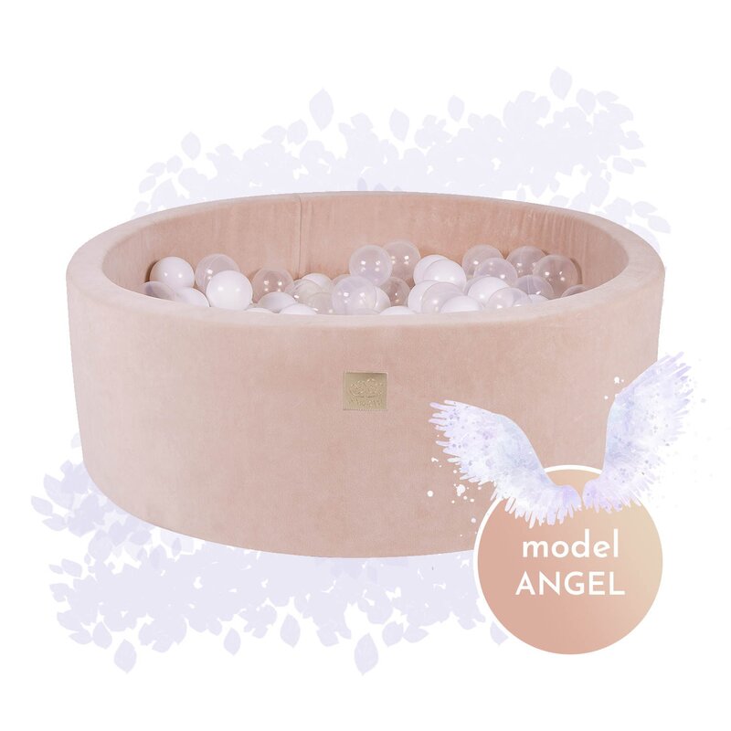 Meowbaby® - piscina uscata cu 250 de bile (alb, transparent, alb perlat) meowbaby , angel, 90x30 cm, catifea ecru