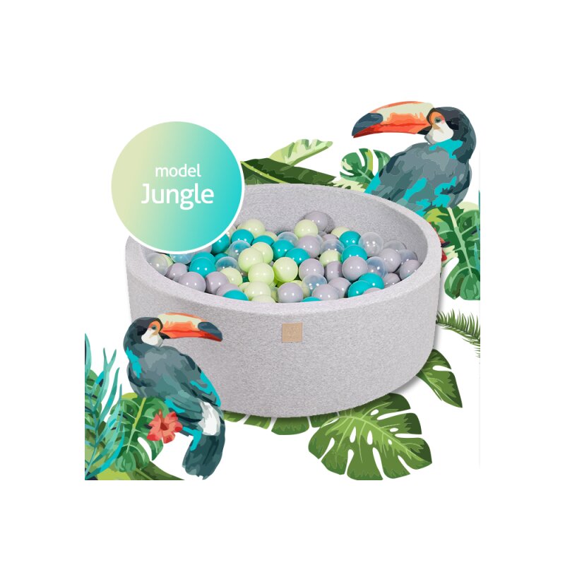 Meowbaby® - piscina cu bile jungle, cu 250 bile, turcoaz transparent verde gri, 90x30 cm, gri