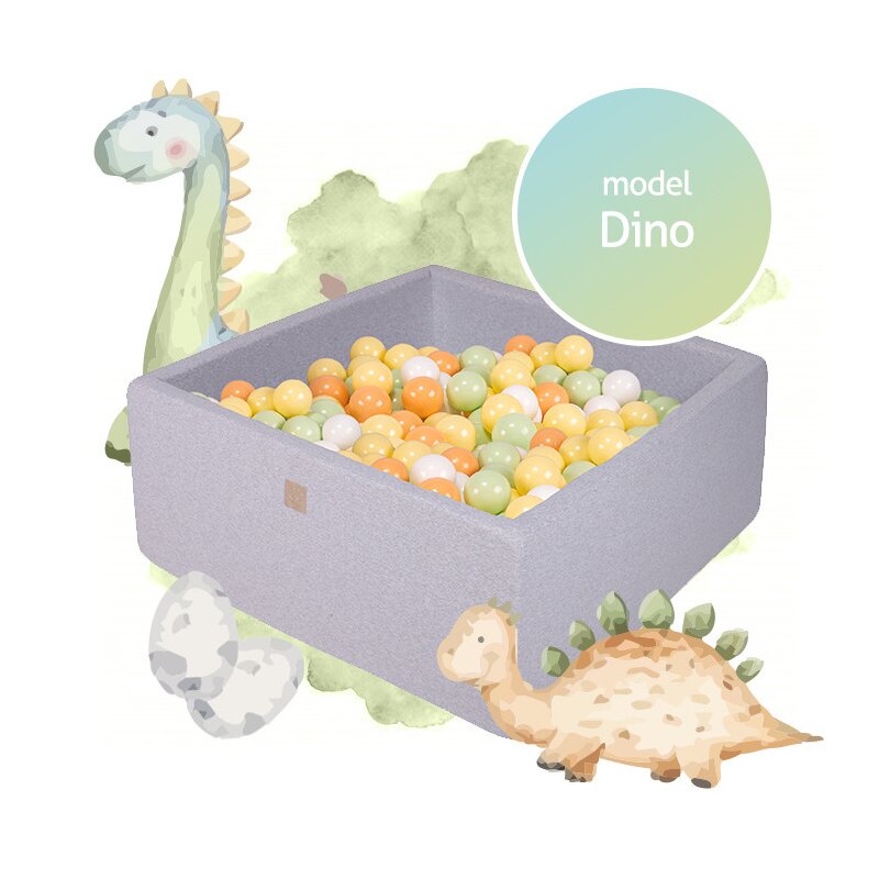Meowbaby® - piscina uscata cu 300 de bile (alb, portocaliu, verde deschis si galben pastel) meowbaby , dino, 90x90x40 cm, gri