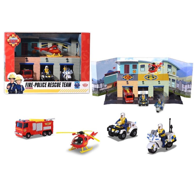 Dickie Toys - Pista de masini Sam Fire Rescue Team , Pompierul Sam, Cu 2 figurine, Cu 3 masinute, Cu 1 elicopter