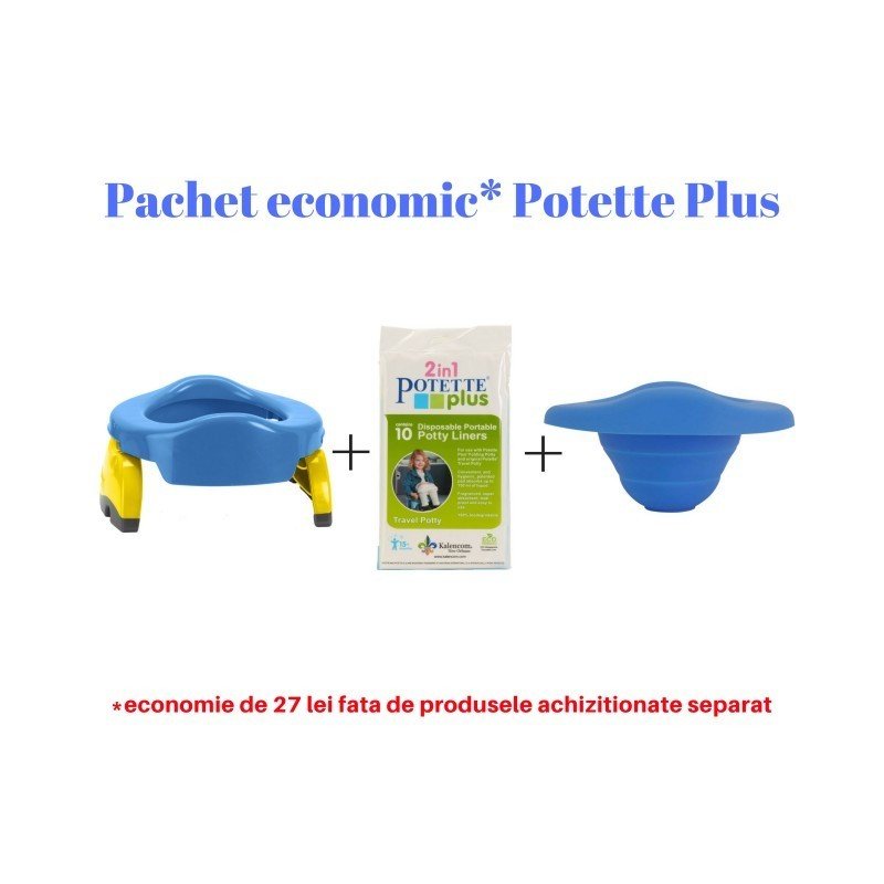 Potette Plus - Pachet economic Albastru olita portabila + liner reutilizabil + 10 pungi biodegradabile