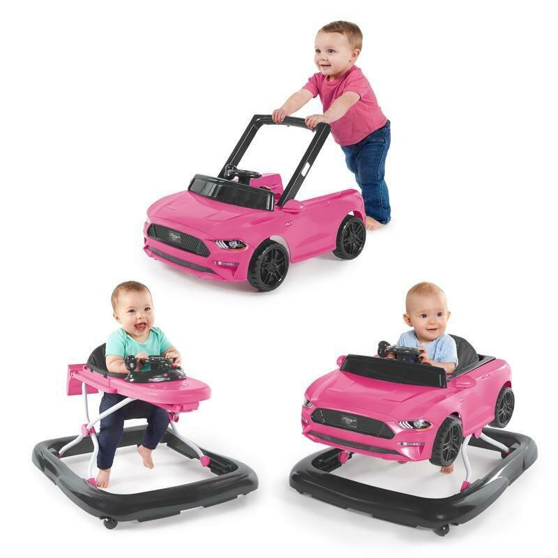 Premergator multifunctional, Bright Starts, Ford Mustang, Cu elemente detasabile, Utilizat ca premergator si antemergator si masinuta individuala, Cu sunete si lumini, 6 luni+, Pink