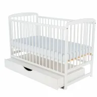 Patut din lemn bebe, 120x60 cm, Cu sertar cu capac, Din lemn de pin si mdf, Stabil si rezistent, Inaltime saltea reglabila pe 3 nivele, Laterala cu 3 bete detasabile, EN716-1, EN716-2, Alb, Babyneeds, Ola