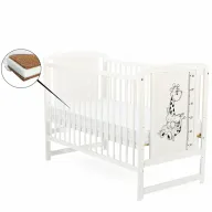 Patut din lemn bebe, 120x60 cm, Din lemn de pin si mdf, Stabil si rezistent, Inaltime saltea reglabila pe 3 nivele, Laterala cu 3 bete detasabile, EN716-1, EN716-2, Alb, Babyneeds, Timmi Girafa + Saltea 10 cm