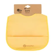 Baveta impermeabila cu buzunar, Petite&Mars, Nate, Fara PVC si ftalati, 37 × 27 cm, 6 luni+, Prindere velcro, Ocru