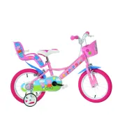 Bicicleta copii, Dino Bikes, Peppa Pig, Roti ajutatoare, Cosulet frontal, Scaunel pentru papusi, 16 inch, Cadru din otel, Pana la 125 cm