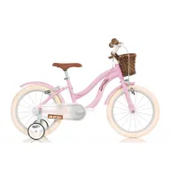 Bicicleta cu pedale, Dino Bikes, Retro, Cu roti ajutatoare, Cu cosulet frontal vintage, Claxon, 16 inch, Pana la 125 cm,  Pink