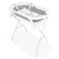 Cadita de baie pliabila, Qmini, Foldy Pro, Cu suport metalic si pernuta de baie, Cu termometru electronic, Cu dop si furtun pentru scurgere, Antiderapanta, 80×49 cm, Alb/Gri