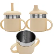 Canuta, New Baby, Cu manere si gura de scurgere care poate fi folosita de sine statatoare sau cu pai, 50% silicon, 50% otel inoxidabil, Fara BPA, 0 luni+, Beige