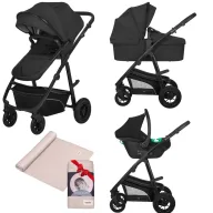 Carucior 3 in 1, Lionelo, Bianka Black Onyx, Transformabil, Cu landou si salteluta moale, Cu scoica auto, Sustine 22 kg, Cu muselina din bambus, 120x120 cm, Bej