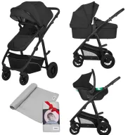 Carucior 3 in 1, Lionelo, Bianka Black Onyx, Transformabil, Cu landou si salteluta moale, Cu scoica auto, Sustine 22 kg, Cu muselina din bambus, 120x120 cm, Gri
