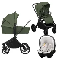 Carucior 3 in 1, Lionelo, Mika Plus, Cu scoica auto Moxie Bej, Reversibil, Cu sistem de ventilatie 3D, Cu accesorii, Pana la 22 kg, EN1888-1 EN1888-2 EN1466 ECE R129, Verde