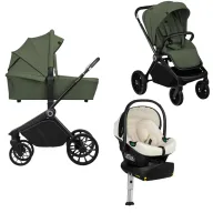Carucior 4 in 1, Lionelo, Mika Plus, Cu scoica auto testata ADAC Beige Cream + Baza Isofix cu rotire 180 grade, Reversibil, Pana la 22 kg, Green Olive