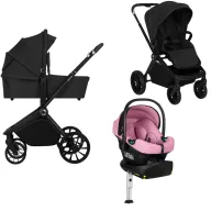 Carucior 4 in 1, Lionelo, Mika Plus, Cu scoica auto testata ADAC Pink Coral + Baza Isofix cu rotire 180 grade, Reversibil, Pana la 22 kg, Black Onyx