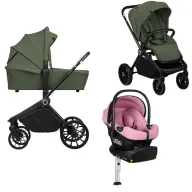 Carucior 4 in 1, Lionelo, Mika Plus, Cu scoica auto testata ADAC Pink Coral + Baza Isofix cu rotire 180 grade, Reversibil, Pana la 22 kg, Green Olive
