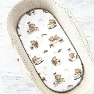 Cearceaf cu elastic, MimiNu, Pentru landou, carucior si cosulet, Dimensiune 80x35 cm, Din bumbac certificat Oeko Tex Standard 100, Tedy bear dreams beige