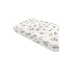 Cearceaf cu elastic, Qmini, Pentru pat 160x80 cm, Din bumbac certificat Oeko Tex Standard 100, Teddy Explorer Beige