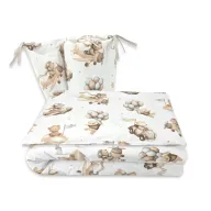 Lenjerie patut 3 piese, Qmini, Pentru patut 120x60 cm, Cu protectie laterala, Din bumbac certificat Oeko Tex Standard 100, Teddy Explorer Beige